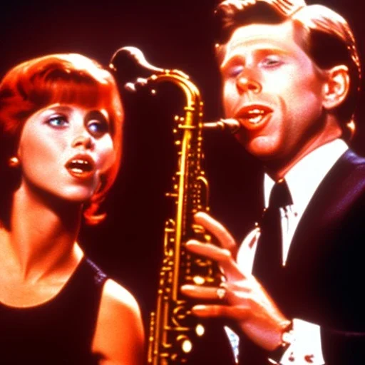 REd-haired Ron howard Is richie from happy days playing the saxophone with his "eyes closed", rock band, embouchure, looking at camera, woman