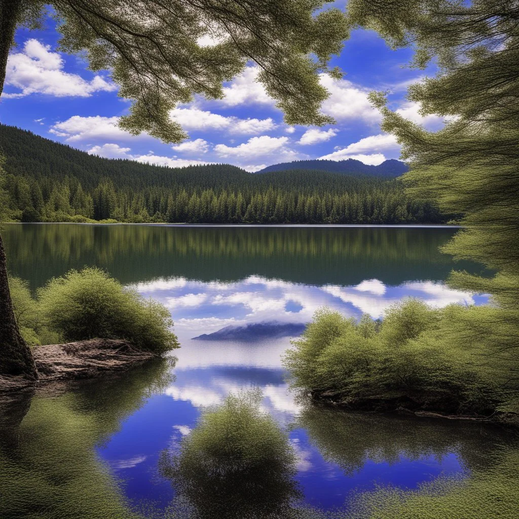 An image of a clear blue sky with fluffy white clouds, reflecting in the calm waters of a serene lake surrounded by lush green trees and mountains in the distance.