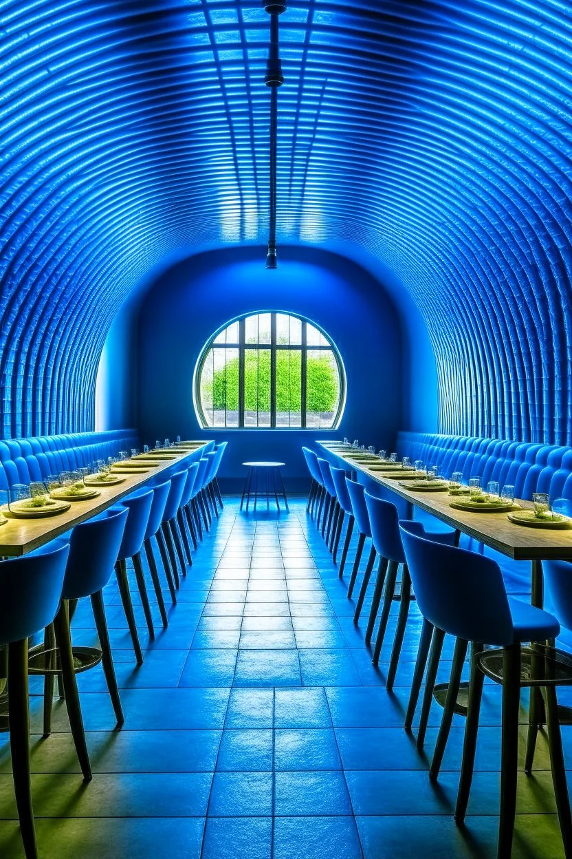 A restaurant whose outer walls are oval in shape, the color of the inside is blue, and its floor is light, with one large table in the middle of the restaurant in the shape of an oval, the length of which is 6 meters.