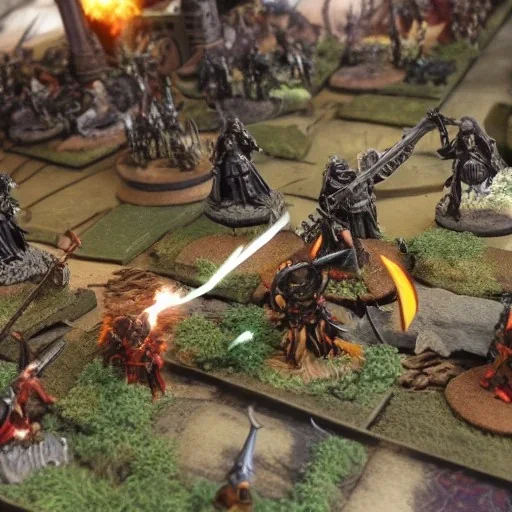 Priest smiting demonic Warlord,armies battling in the background, grimdark.