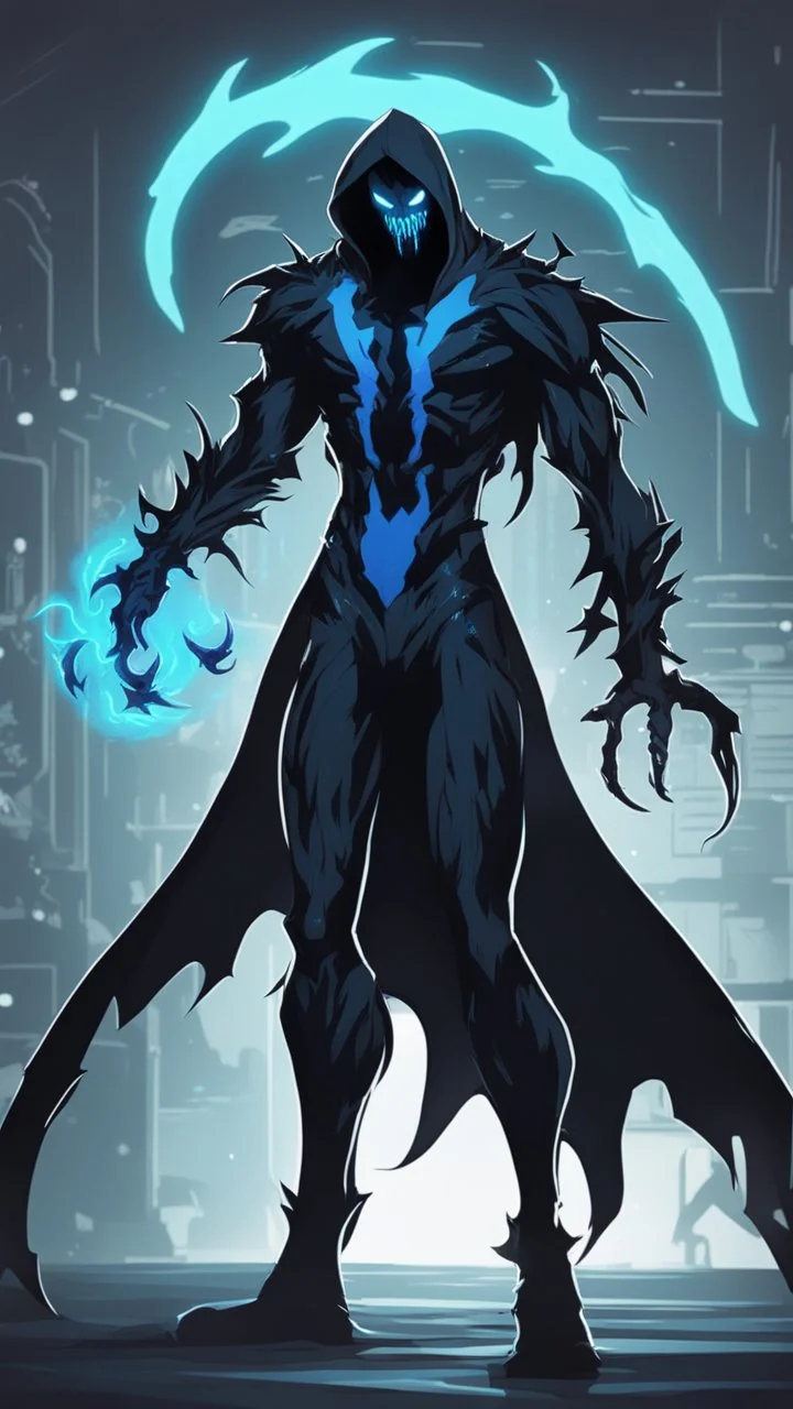 Mix between venom symbiote and Reaper in solo leveling shadow style with neon glowing blue