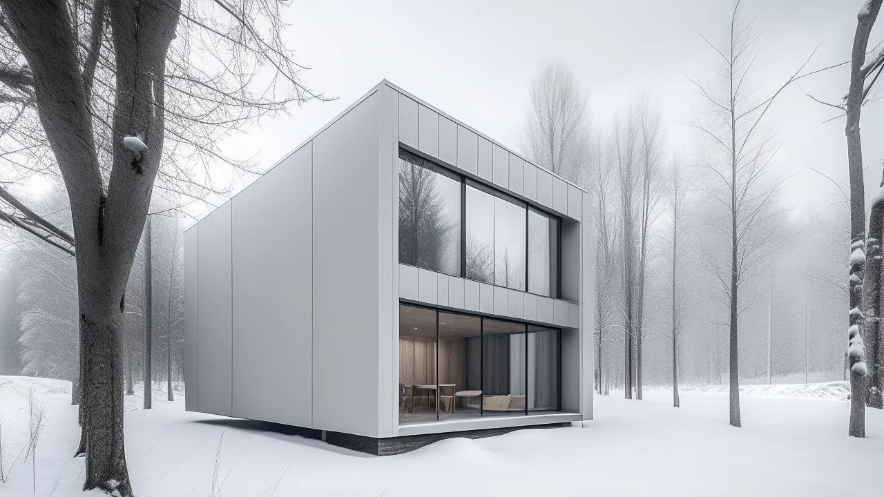 Modern and minimalist house in a winter environment is light gray, with vertical siding that gives it a subtle texture. There are small rectangular windows and a visible door, all emitting warm light from the inside. The house is situated in a snowy landscape, with several bare trees scattered around, suggesting that it is winter or a cold region.