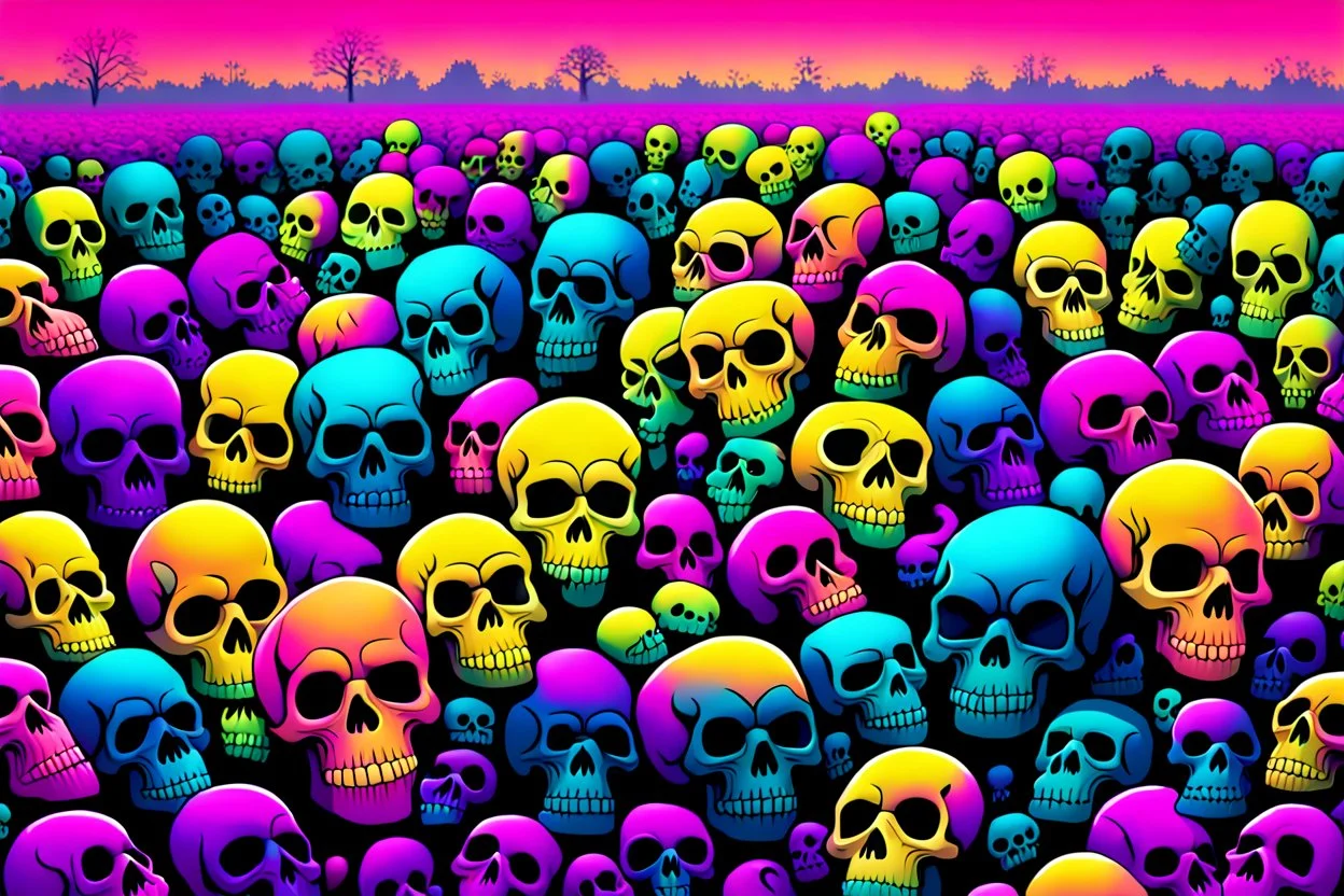 a field of 1000s of cartoonish, anatomically correct, skulls, vivid RANDOM BRIGHT neon colors, dark comedy, well lit, high detail, photorealistic, horrorcore, fun, scary, none featured, each a different color or hue,