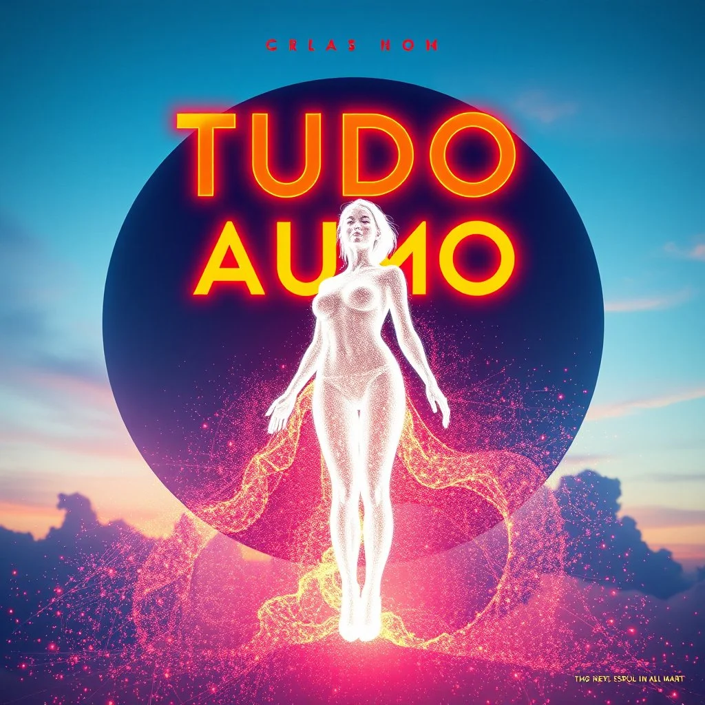 A dream-like album cover with vibrant and dynamic design. The title 'TUDO ALMA' is prominently displayed in sleek colored typography that glows against the sky. The central image features a female silhuette totally white made of full light, their body dissolving into a particles of colorful and strong sound waves light, symbolizing the fusion of soul in all art. Surrounding the figure are particles of light, all pulsating with energy, creating a sense of movement and rhythm.