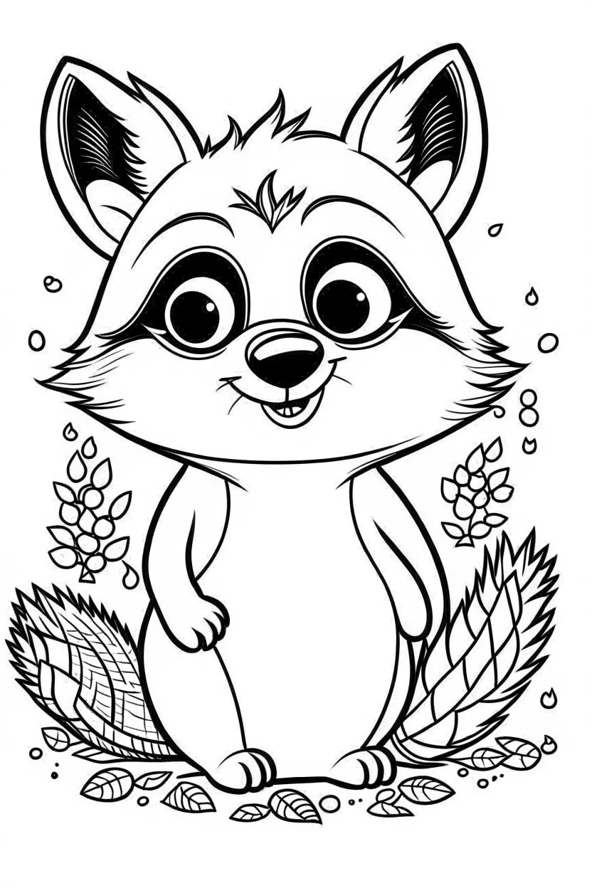 cute coloring page, sketch style, cute baby raccon in the wood, cute cartoon, white and black, withe background, no shadows, outline.