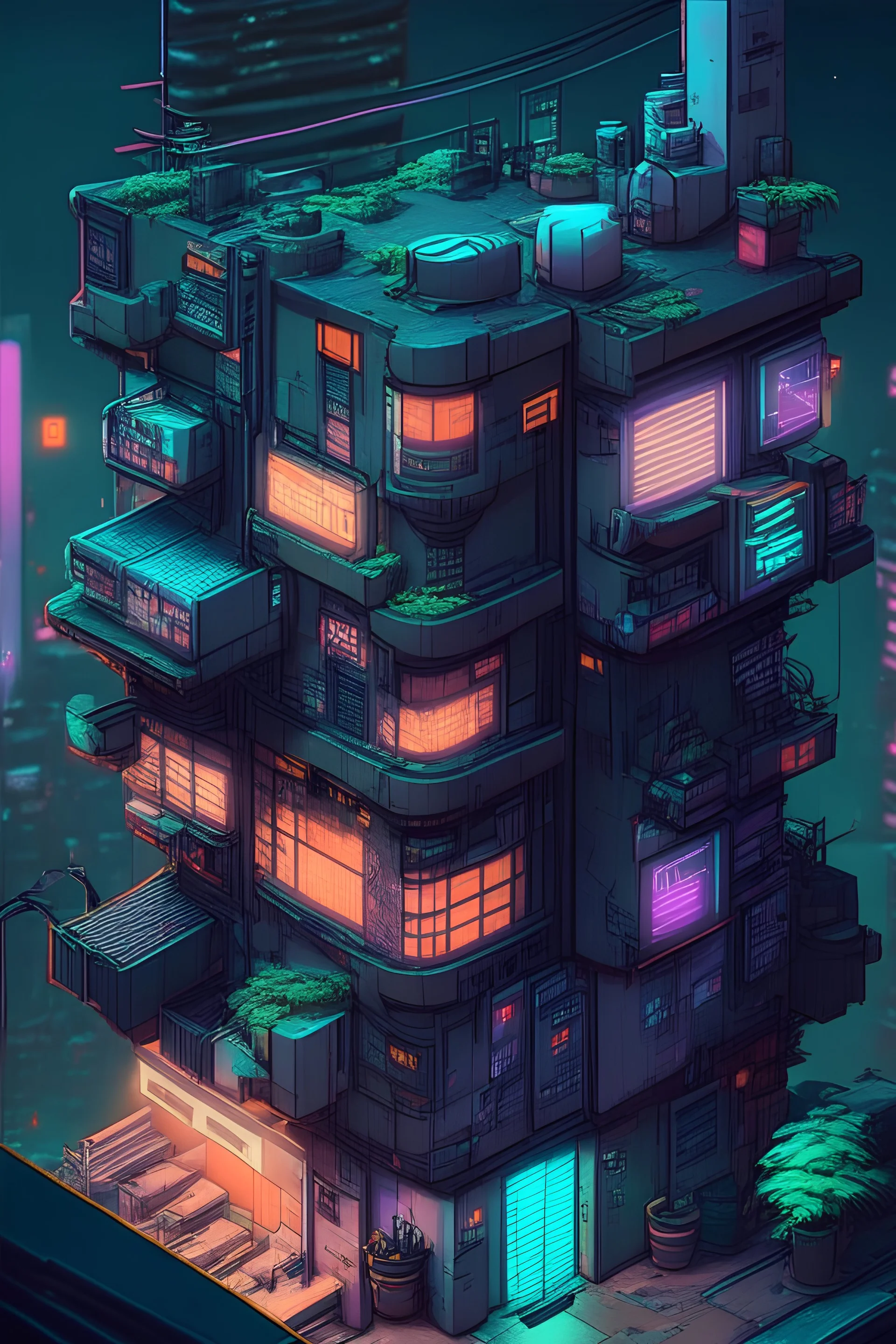 simcity style in game asset house anime cyberpunk style