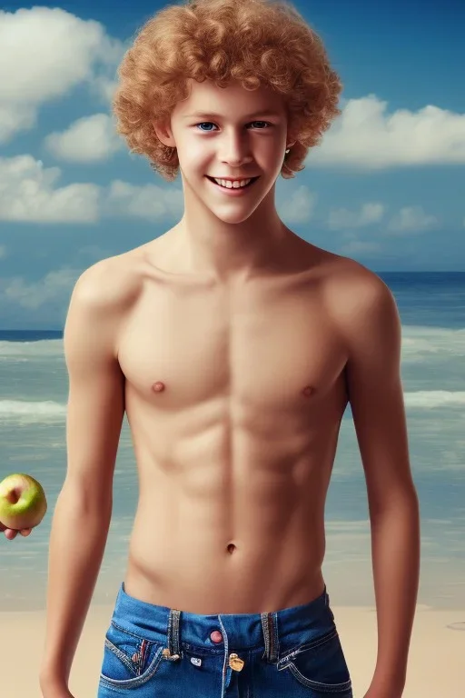 full body image of a beautiful 12 year old boy with long, blonde curly hair and light blue eyes, smiling, holding an apple in his right hand, shirtless, in front of a distant beach