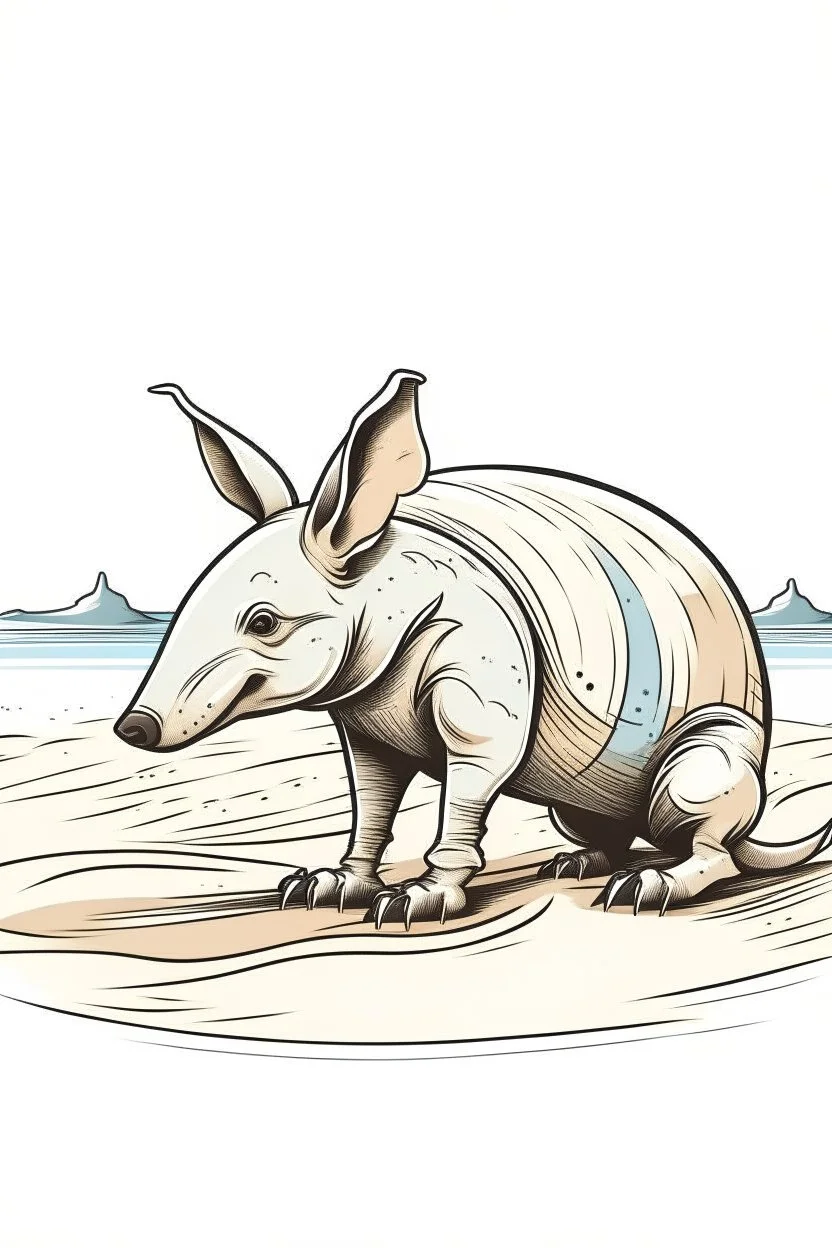 A ilustration of Aardvark , beach, middle ground design, t-shirt design, white background