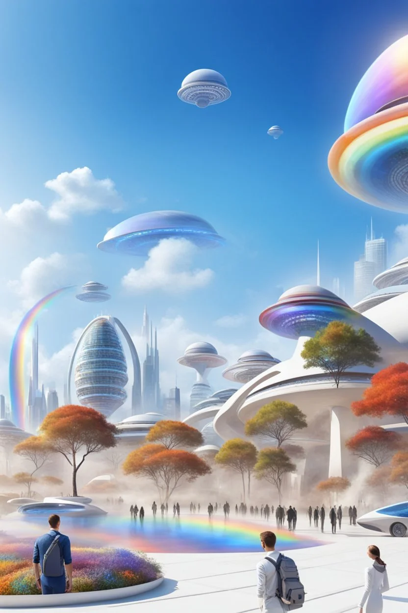 ville futuriste ultra moderne, ufos, rainbows,intergalactic city