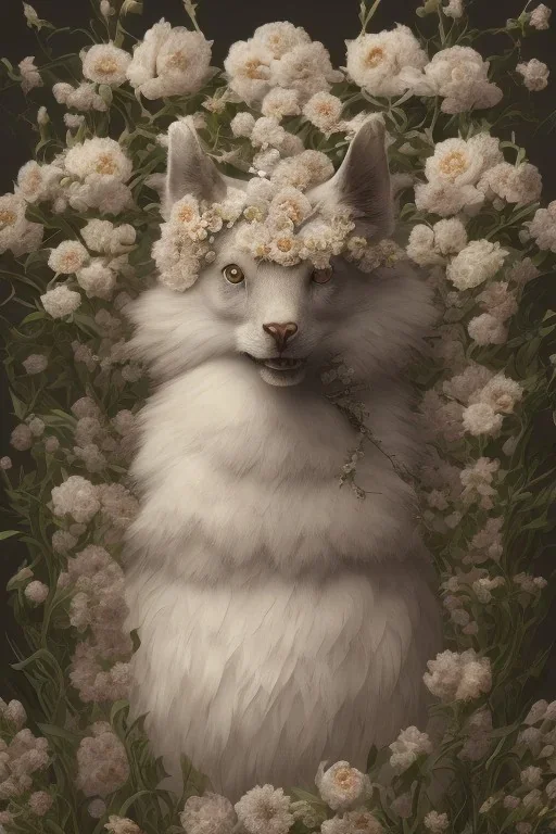 Victorian animal with white flowers, in the style of Camilla d'Errico, hyper detailed, beautiful, complex, trending on artstation, cinema4d, cryengine, national geographic photo, chiaroscuro