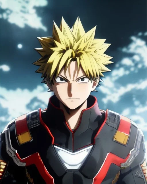 Detailed anime portrait of bakugo from my hero academia, gold hair and golden eyes, black suit, intricate details, full body portrait, keep head in frame, slight smile, black Japanese motif, concept art, highly detailed, digital painting, concept art, sharp focus, illustration, art by Yoji Shinkawa, WLOP and greg rutkowski and alphonse mucha and artgerm and yanjun Chen and Junji ito and Makoto Shinkai, HDR, octane render