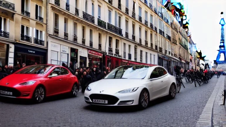 A Tesla's 'Model S Plaid' is racing at top speed, by the 'Sacre Coeur', in Paris. CINEMATIC. WIDE ANGLE LENS. PHOTO REAL.