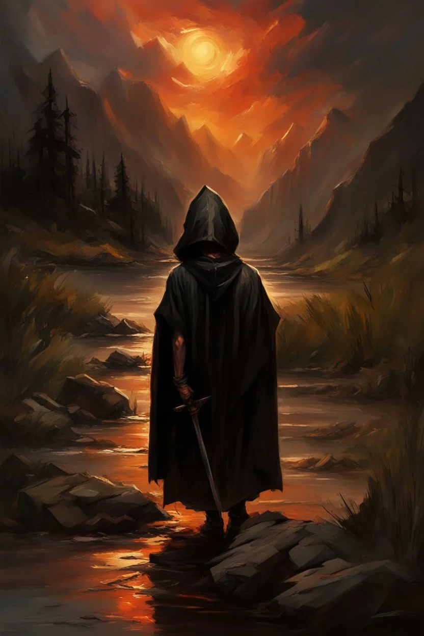 A formidable warrior-a 10-year-old boy in a black robe with a hood, on the background Amazing gloomy landscape, flooded with sunset, mountains, trees, fabulous scary hero, , juicy emotions, painting, dark fantasy, bad weather, gloomy day, dark world, by Raymond Swanland & Alyssa Monks & Anna Razumovskaya