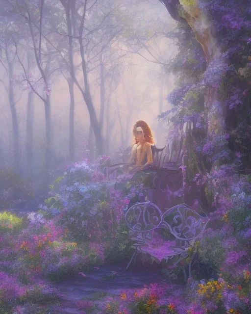 park mystical dream, park bench, man, woman, child, dog, trees, path, bird, sunshine, mystical, fantasy, romanticism, pastel colors, daylight, daytime, acrylic painting, detailed, soft focus,