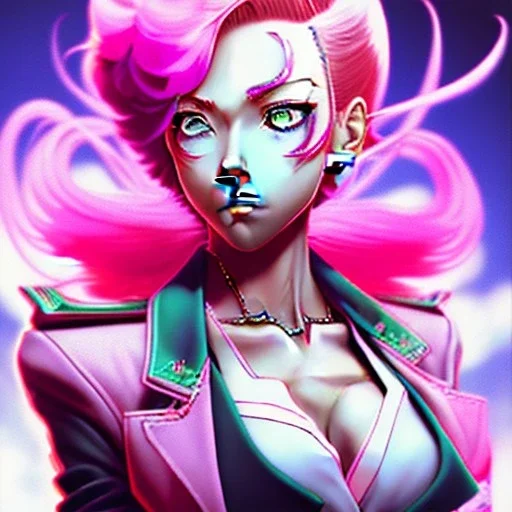 2d,Jojos Bizarre Adventure,Personagem de anime mulher,de cabelo rosa,alto detalhe,média resolução,pintado por Hirohiko araki