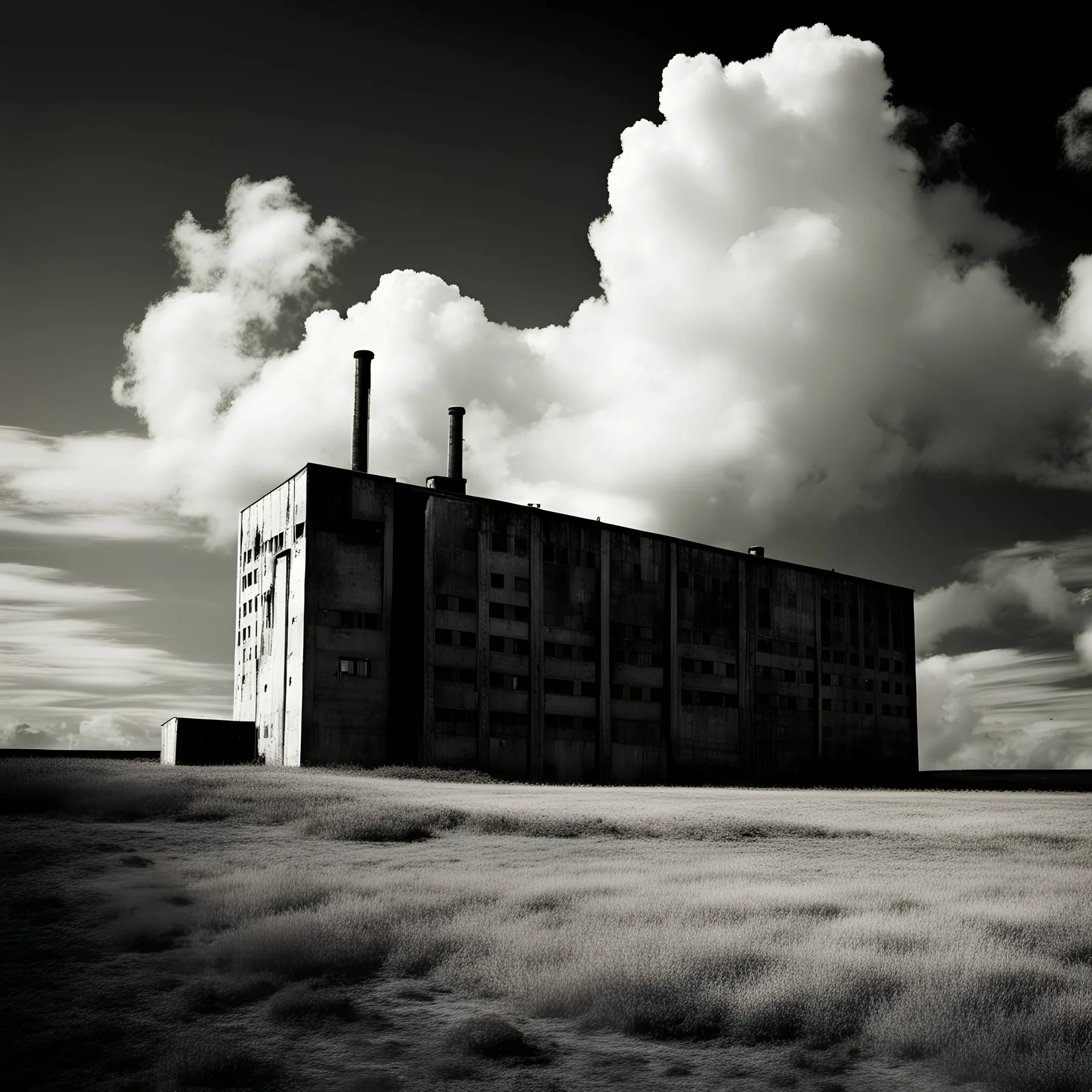 landscape ,minimal ,Photo with an old analog camera. Black and white. Part of a strange dream. white clouds wide plain The big building between them. like pink floyd landscape ,Abandoned factory ,from a weird dream captured with the first model of dreamrecorder by gnom industries inc