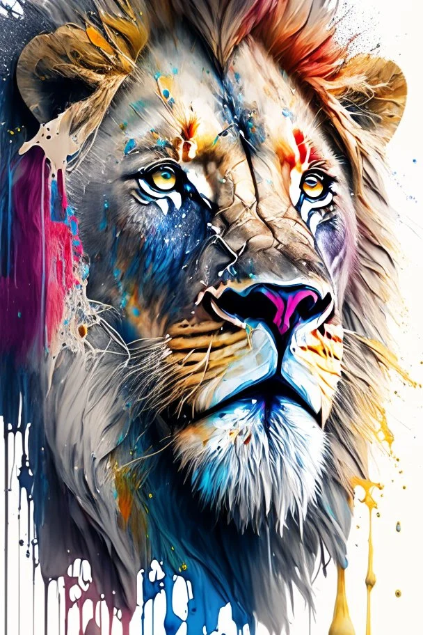 "lion", clean design, epic Instagram, art station, splash of colorful paint, contour, ((solid white background)), looking into camera, hyperdetailed intricately detailed, unreal engine, fantastical, cinema lighting, intricate detail, splash screen, complementary colors, fantasy concept art, 8k resolution, DeviantArt masterpiece, watercolor, paint dripping