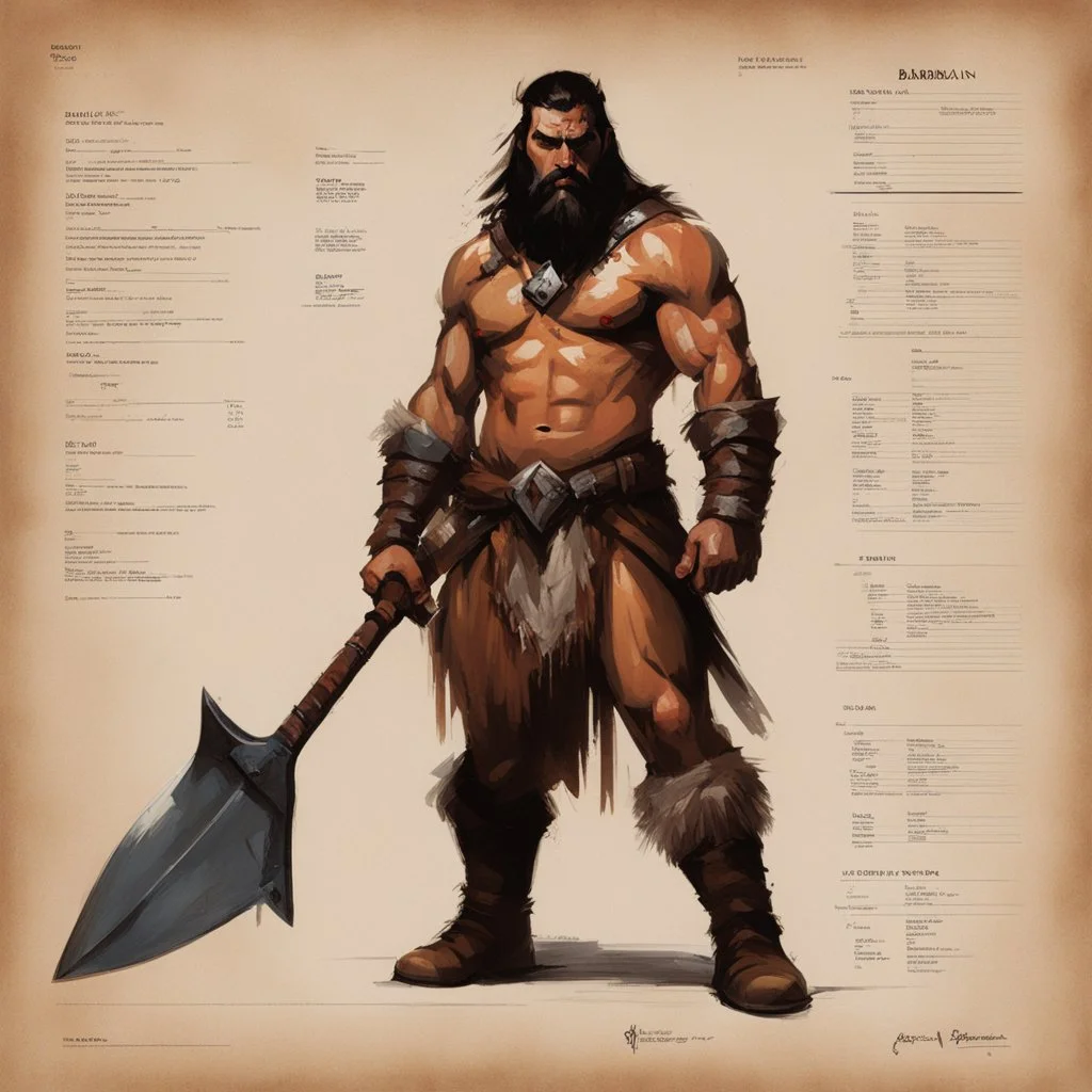 ConceptSheet: barbarian and his axe with AD&D statistics [by Guy Borremans]