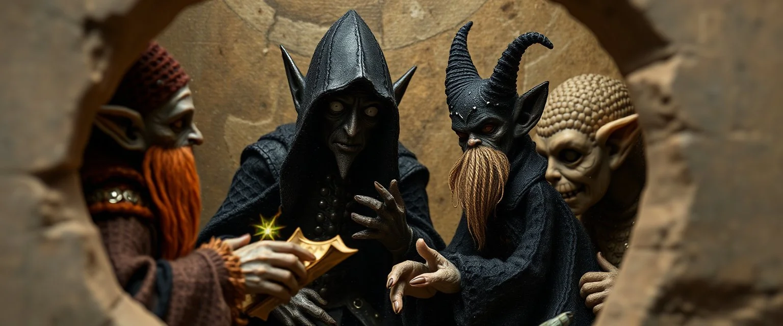 pin hole picture, miniatures on fake scene,master oil painting by Rembrandt, good afternoon bitch scary dark elf character aged matron malice talking to dark elf half spider priests of Menzoberranzan, close up portrait of a cunning knitted doll trying to explain something weird, they all have strange muli colored magical auras