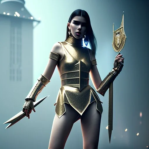 Mystery dua lipa, knight costume, Ambiance dramatique, dramatic lighting, volumetric lighting, concert background, hyperrealisme, 8k, high quality, lot of details, fit within portrait