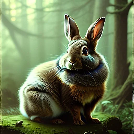 frank frazetta style, cute rabbit in the forest clearing