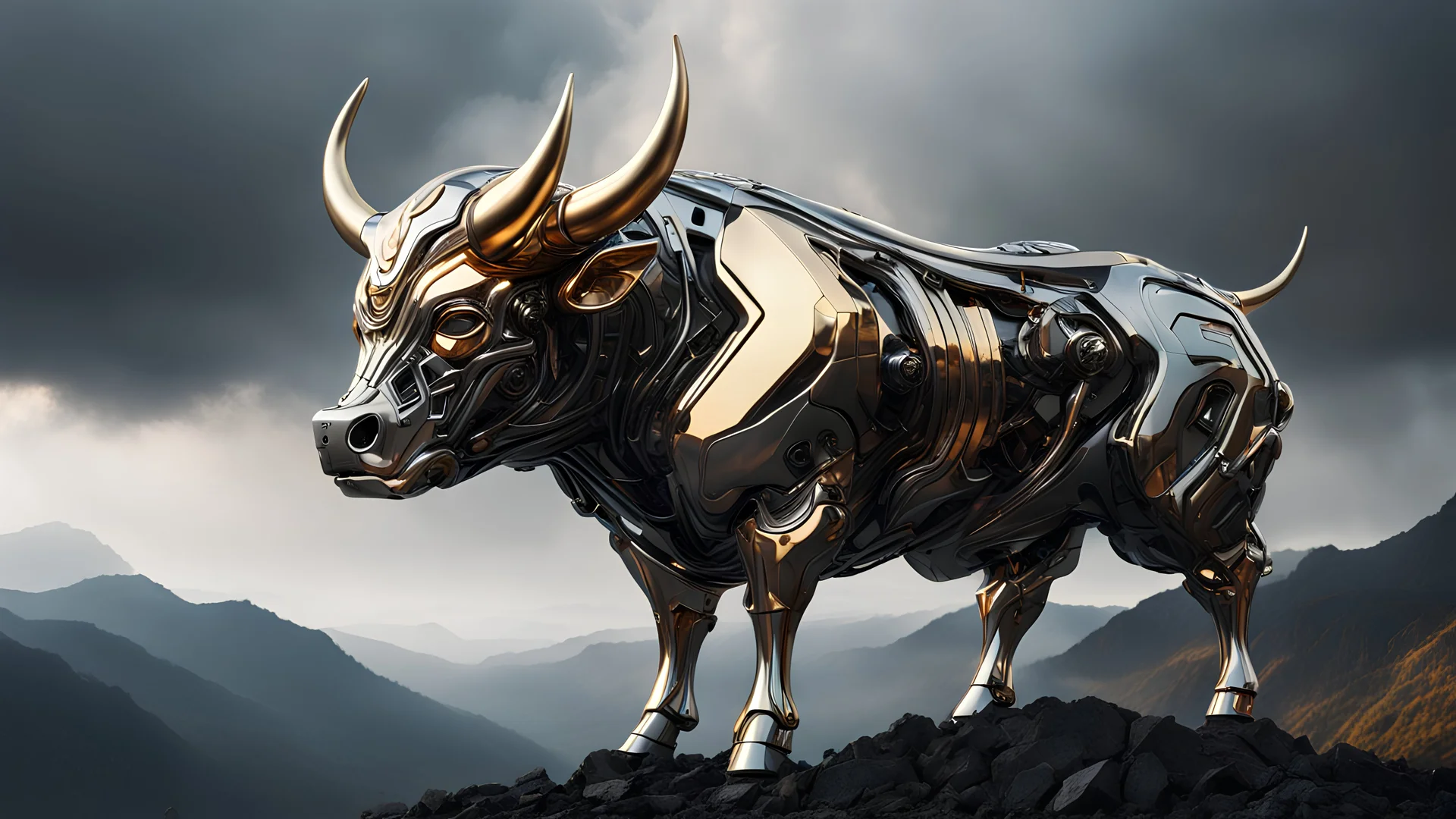 dark portrait of a detailed chrome & gold cyborg bull on a smokey mountains peak. alien mega structures everywhere. futuristic. photoreal