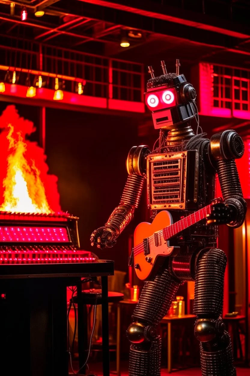 A hard rock robot hosts a radio show in a burning club