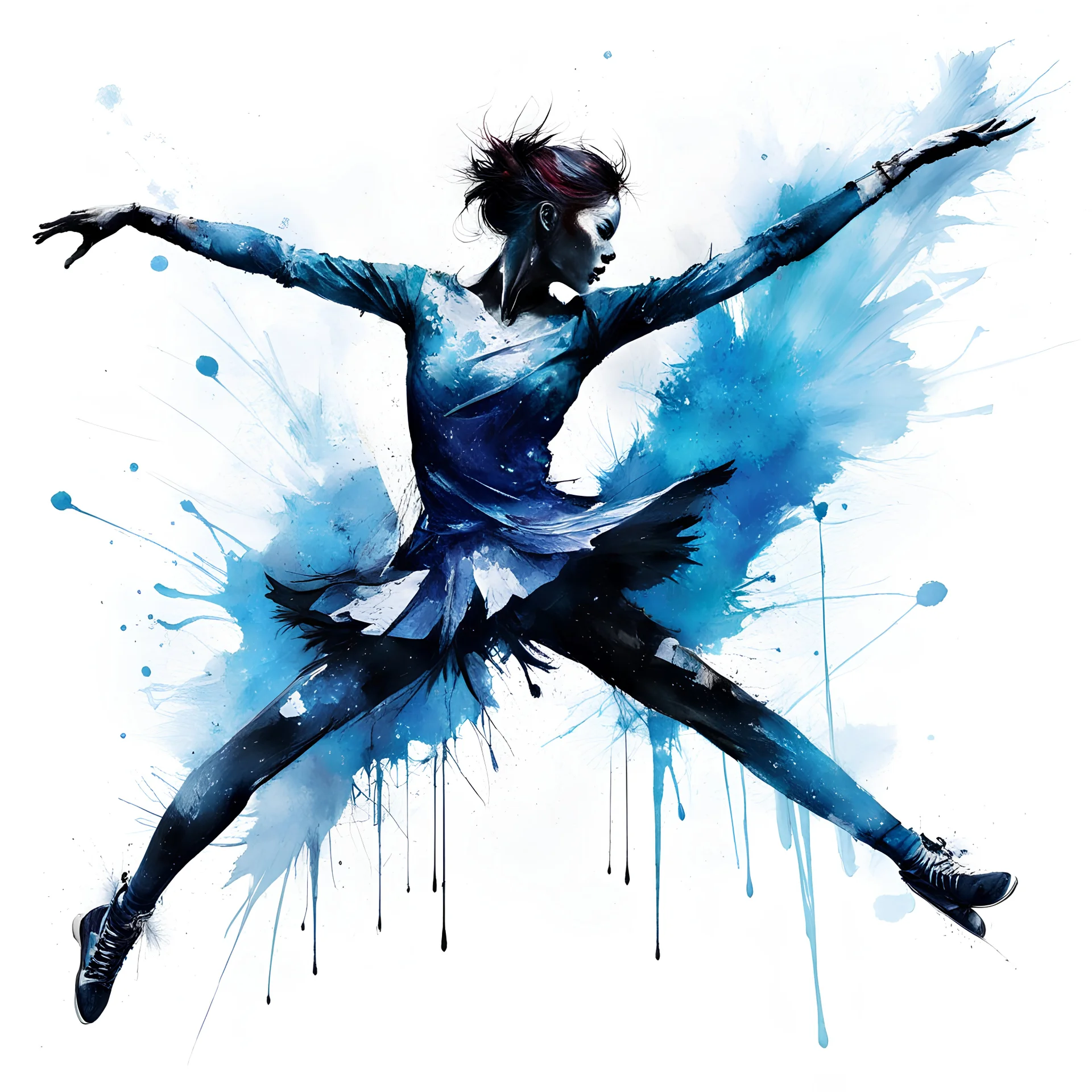 Long shot silhouette of figure skater in mid-air performing a triple axel, textured Speed paint with large rough brush strokes, watercolor, heavy paint splatter, by Carne Griffiths, by Russ Mills, kinetic impressionism, masterpiece, particles, by Renoir, fine art, blue tones, dramatic, romantic