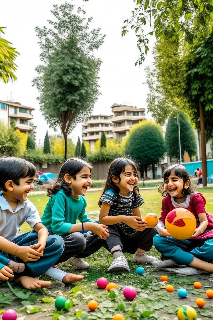 در این تصویر، گروهی از کودکان ایرانی در حال بازی و خندیدن در یک پارک هستند. کودکان ایرانی در سنین مختلف هستند و از انواع مختلف قومیت و فرهنگ هستند. آنها در حال بازی با توپ، دوچرخه سواری و بازی با حیوانات هستند. در پس زمینه، می توان تصاویری از ساختمان های مدرن و سبز را مشاهده کرد. این ساختمان ها نمادی از پیشرفت و توسعه کشور هستند.