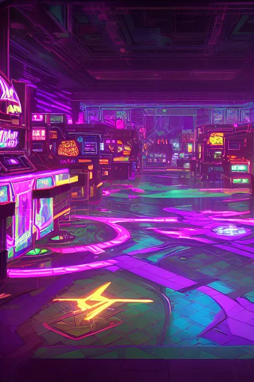 A dark photo of a full panoramic view an 80's aesthetics arcade at night, with a lot of functioning arcade machines, a vaporwave floor and some colorful tiles in between the floor. Purple aesthetics. Full panoramic view.