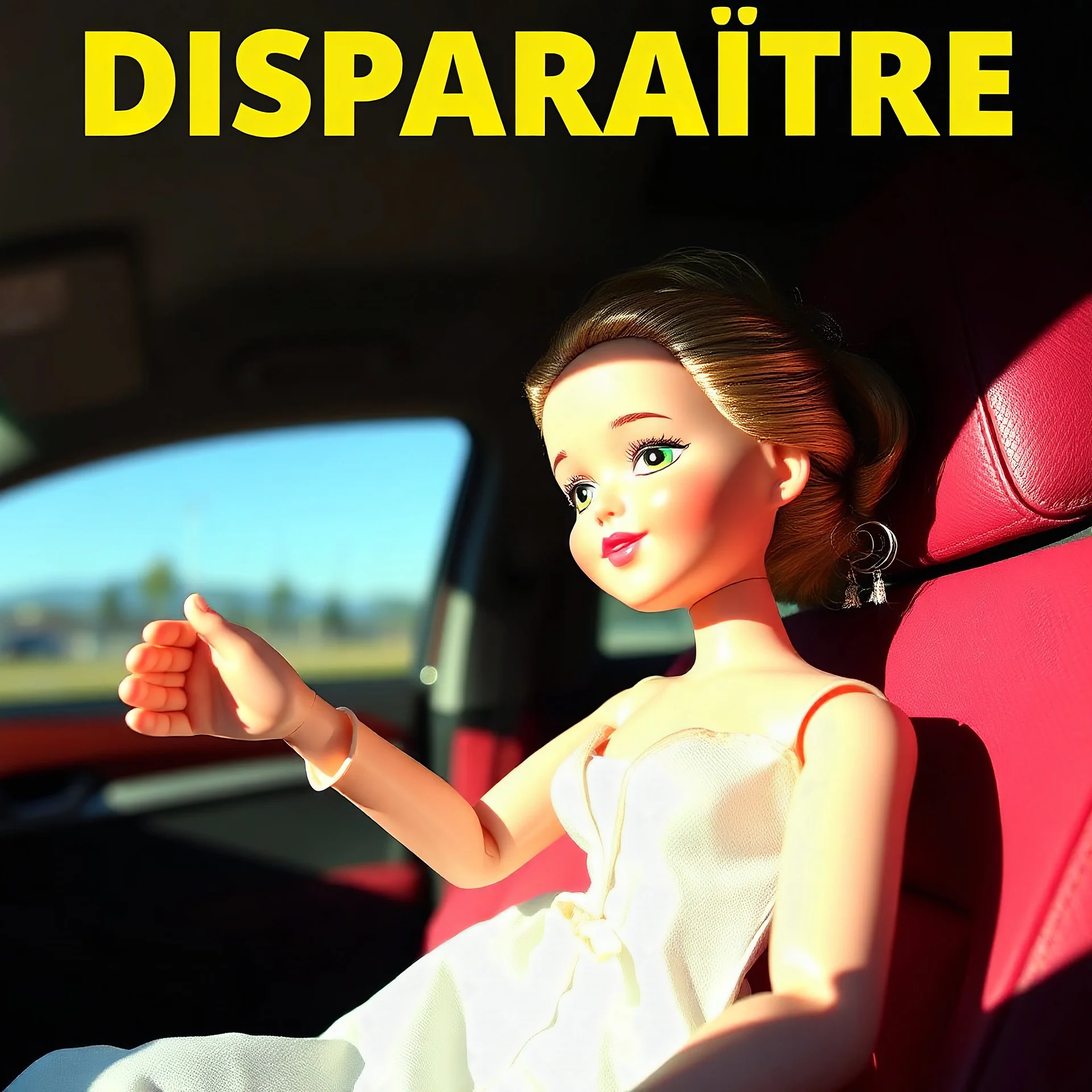 poupée qui fond au soleil dans une voiture, avec le mot français "DISPARAITRE"