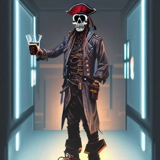 a cyberpunk hacker pirate captain skeleton, holding a beer glass, with a pirate hat sitting in front of a huge old crt monitor in a dark room , only light coming from crt monitor, highly detailed, intricate, digital art, trending on artstation, trending on cgsociety, by greg rutkowski