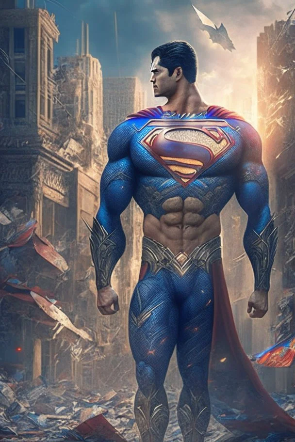 Superman. In a new, sophisticated suit decorated with a Mandala pattern. Strong, fit body. Muscles. A cinematic scene. A destroyed city scene