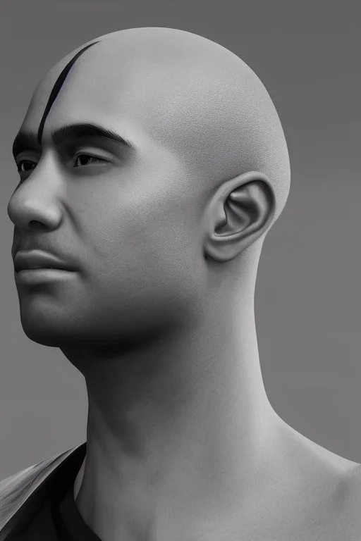 handsome man, portrait, profile, person of colour, bald, clean shaven, photo real, highly detailed, high contrast, extremely sharp detail, unreal engine 5