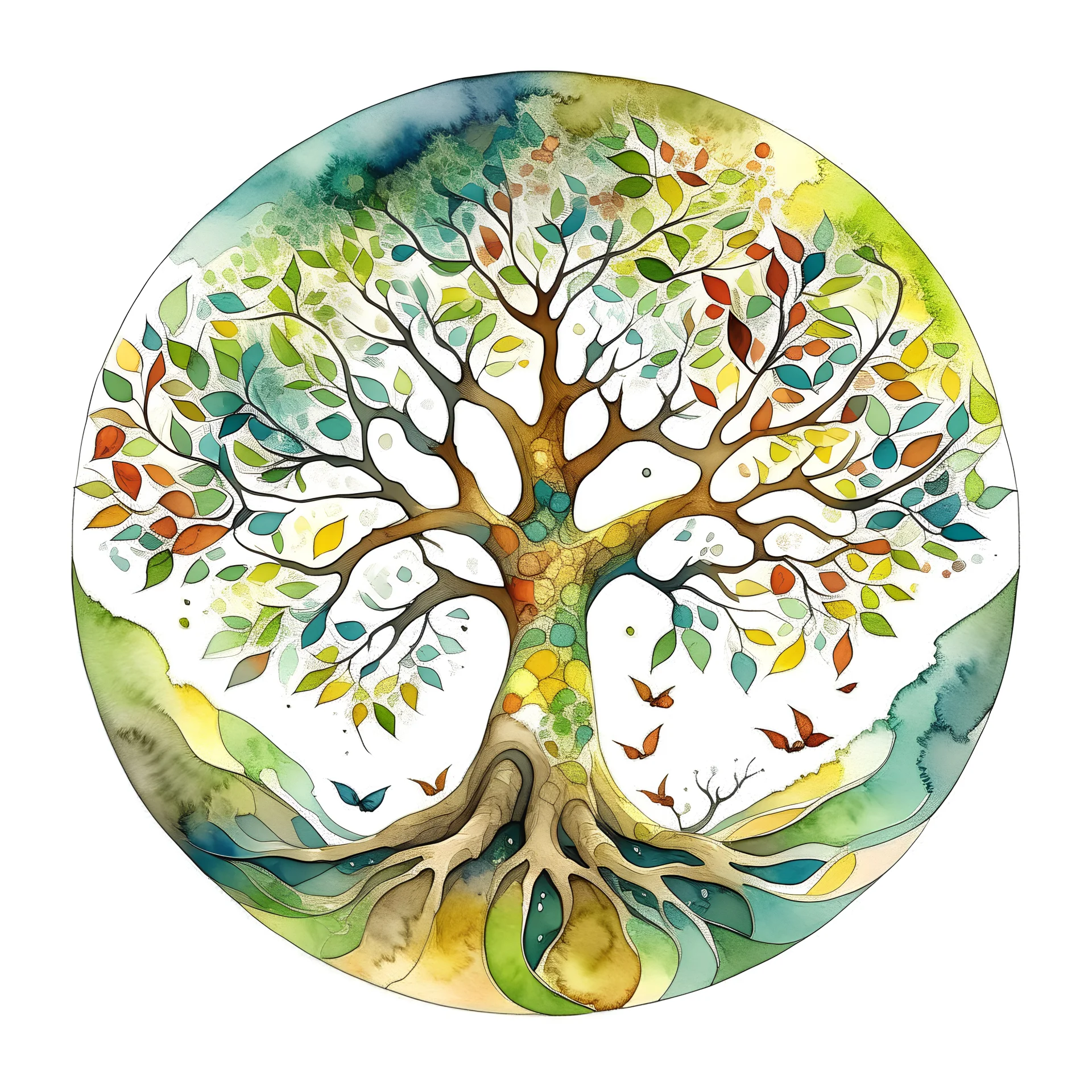 Tree of life in perfect circle , watercolor , white background