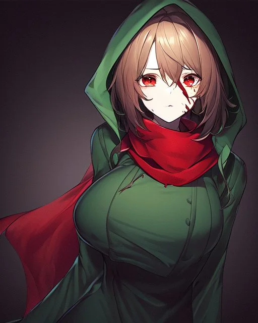 Wearing a green hood, short brown hair, glowing red eyes, blood on his cheek, dark background reminiscent of a nightmare, and has a psychopathic look, wears a red scarf, facing the screen showing only his face and neck.