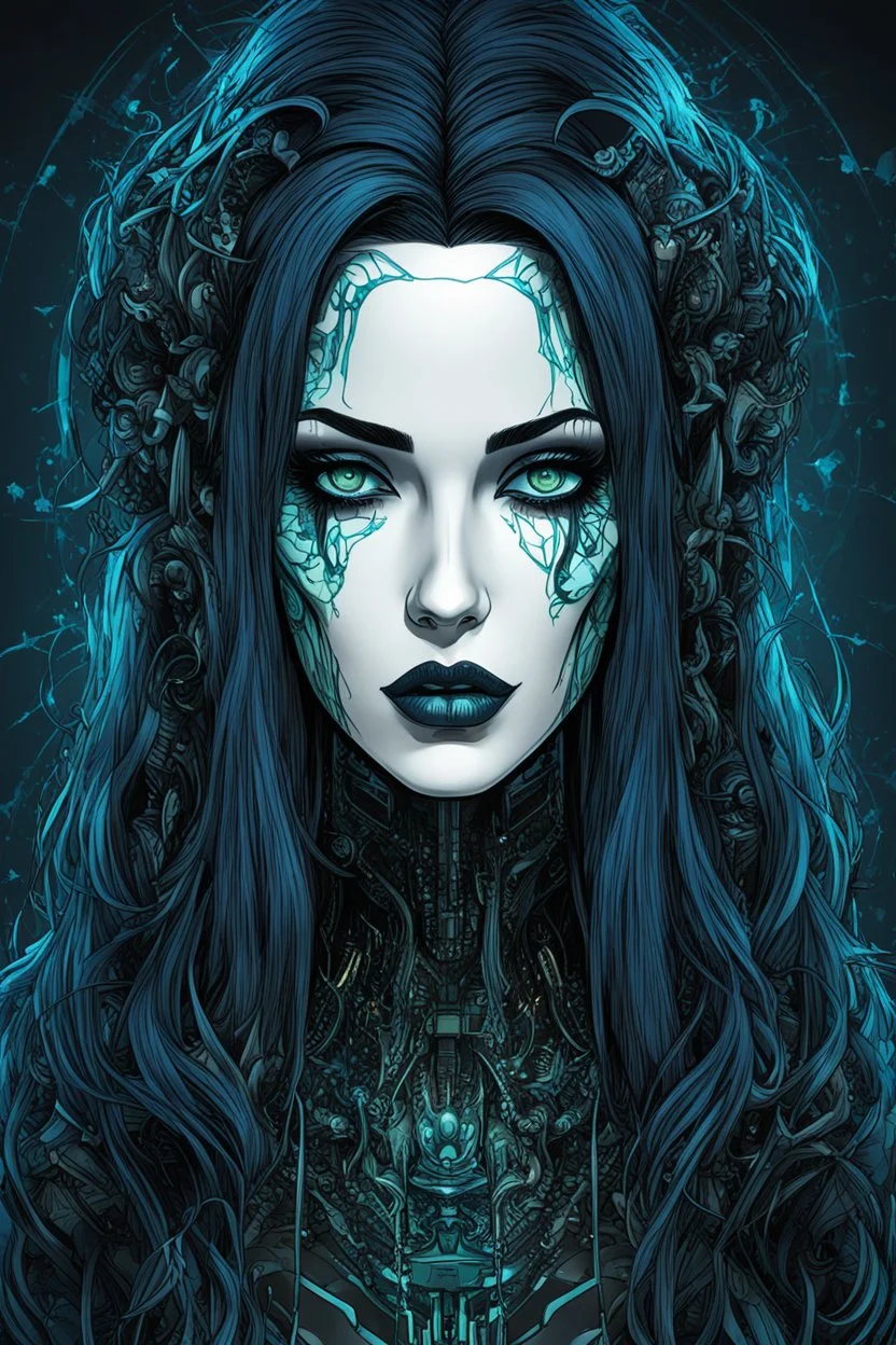 Create a wild, imaginative, full body, cybernetics enhanced goth girl with highly detailed facial features, in the vector graphic style of Nirak1,Christopher Lee, and Cristiano Siqueira, vibrant colors, sharply defined, 2d vector