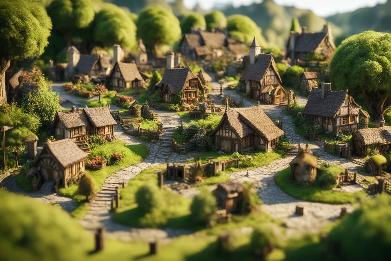 [Tolkien tech-fantasy] Miniature techno-version village of the Shire hobbit steampunk tilt-shift