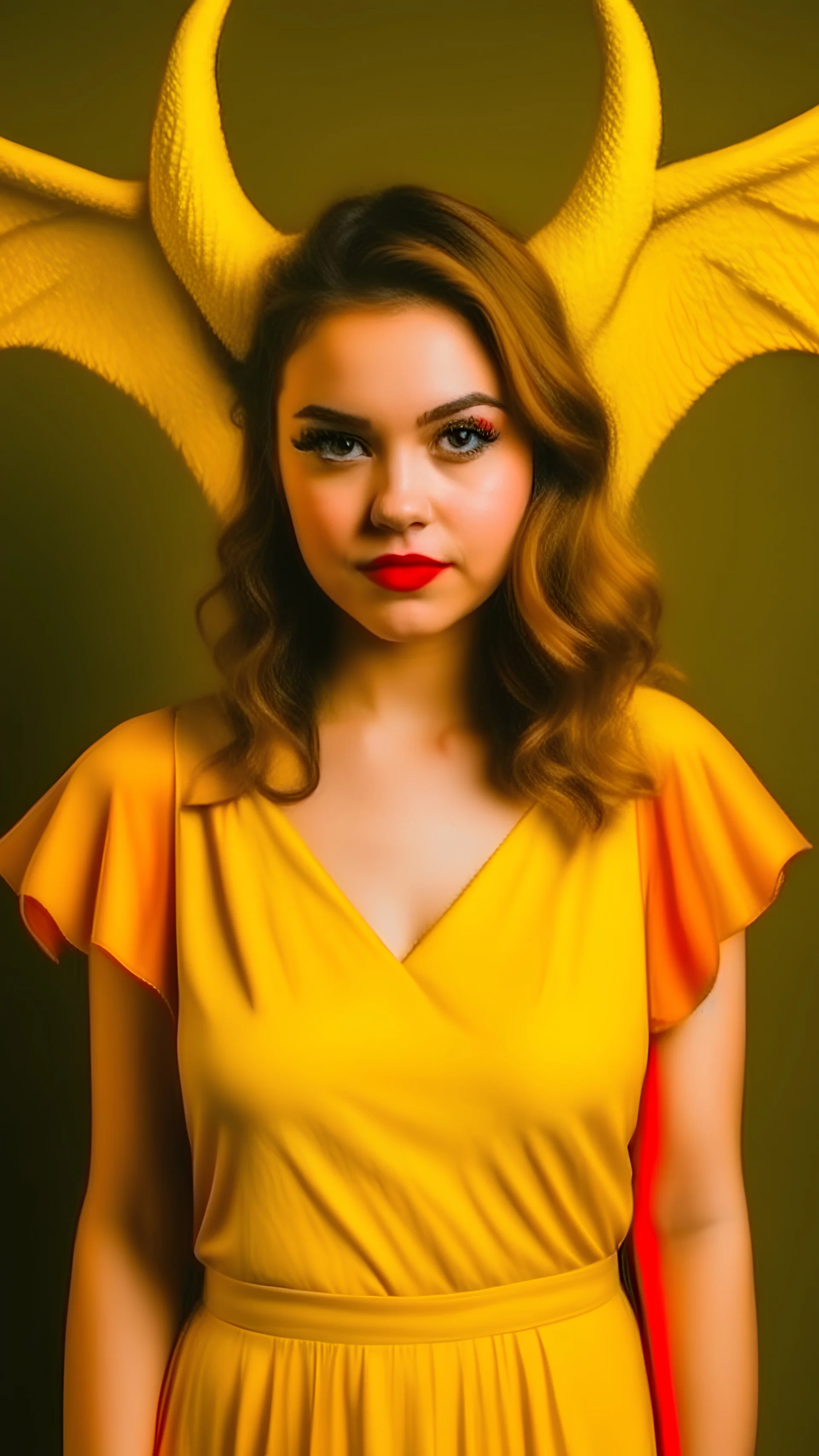 A beautiful 23-year-old girl in a yellow dress with wings and devil horns
