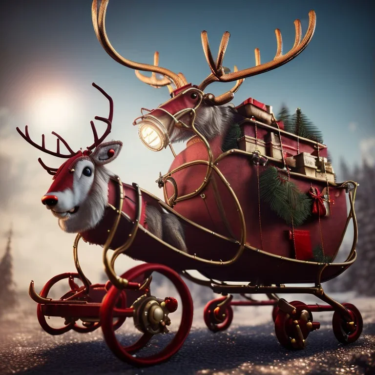 steampunk santa sleigh with santa sitting in it being pulled by steampunk reindeer, 4k, highly detailed, cinematic, ultra photorealistic, ultra realistic, volumetric lighting