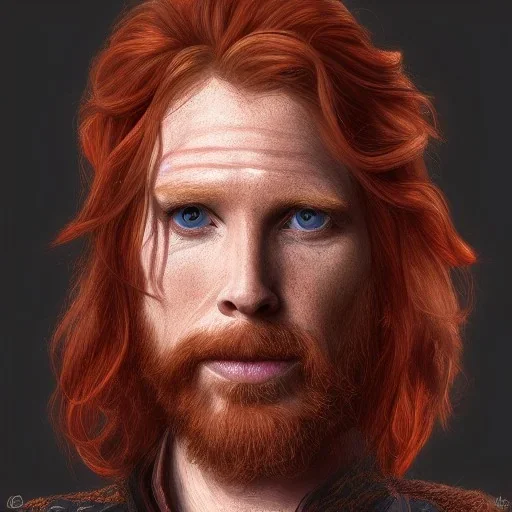 Portrait of Courtney Gains as a ruggedly handsome but joyful roguish pirate, charismatic, attractive male, masculine, perfect, precisely detailed, lightly freckled face, meticulously detailed multi-hued ginger carrot colored cherry fire red hair; Malachai of the corn; fantasy, intricate, elegant, highly detailed, digital painting, artstation, concept art, matte, sharp focus, illustration, art by artgerm and greg rutkowski and alphonse mucha