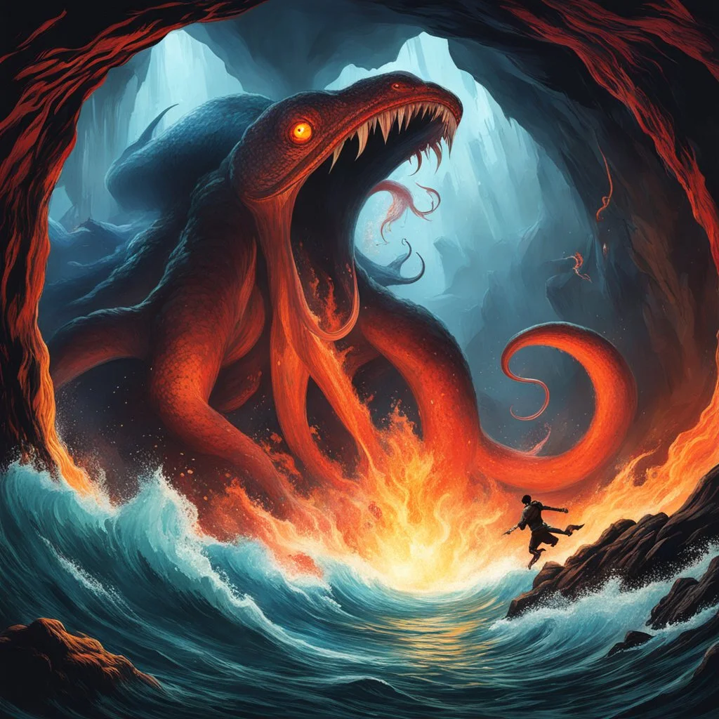 A Balrog fights the Giant Squid in a sea cave