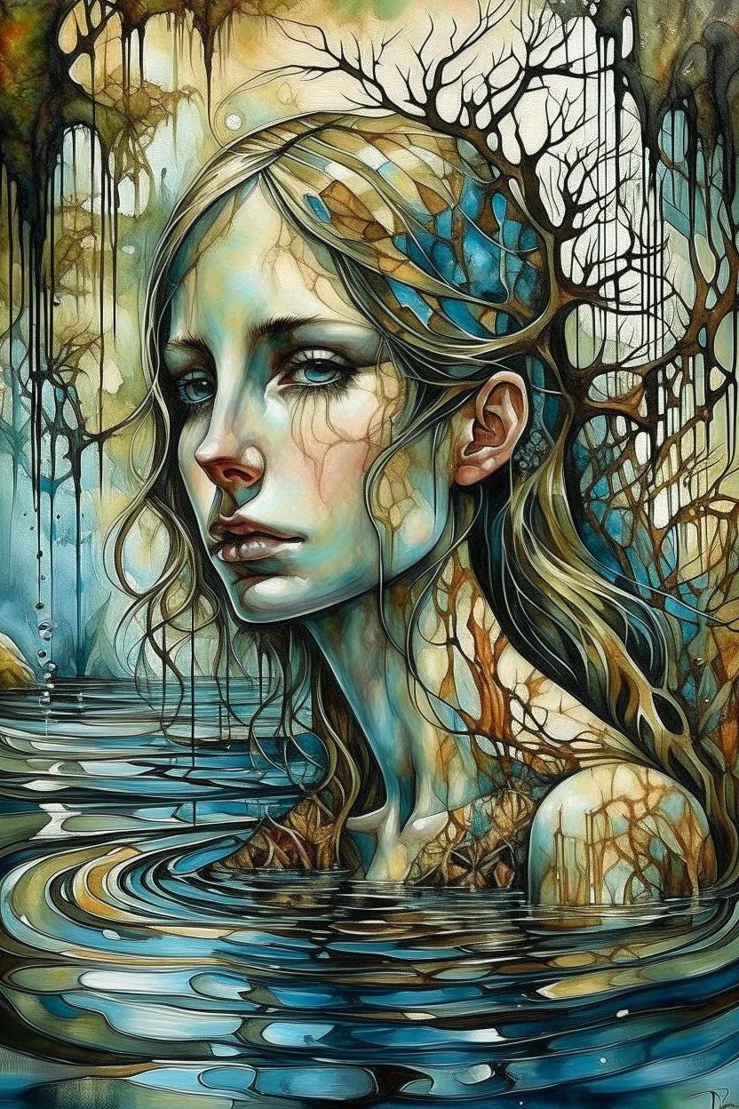 surrealistic painting depicts a woman submerged in water, with only her face visible above the surface. Her hair is dark brown with blonde highlights, and her eyes are a warm brown. Below the waterline, her torso is replaced by a skeletal ribcage entwined with translucent, organic root-like structures and dried leaves, revealing the internal decay beneath the skin. The upper part of the painting features a dilapidated, light-colored building with multiple levels and a dome, seemingly floating on