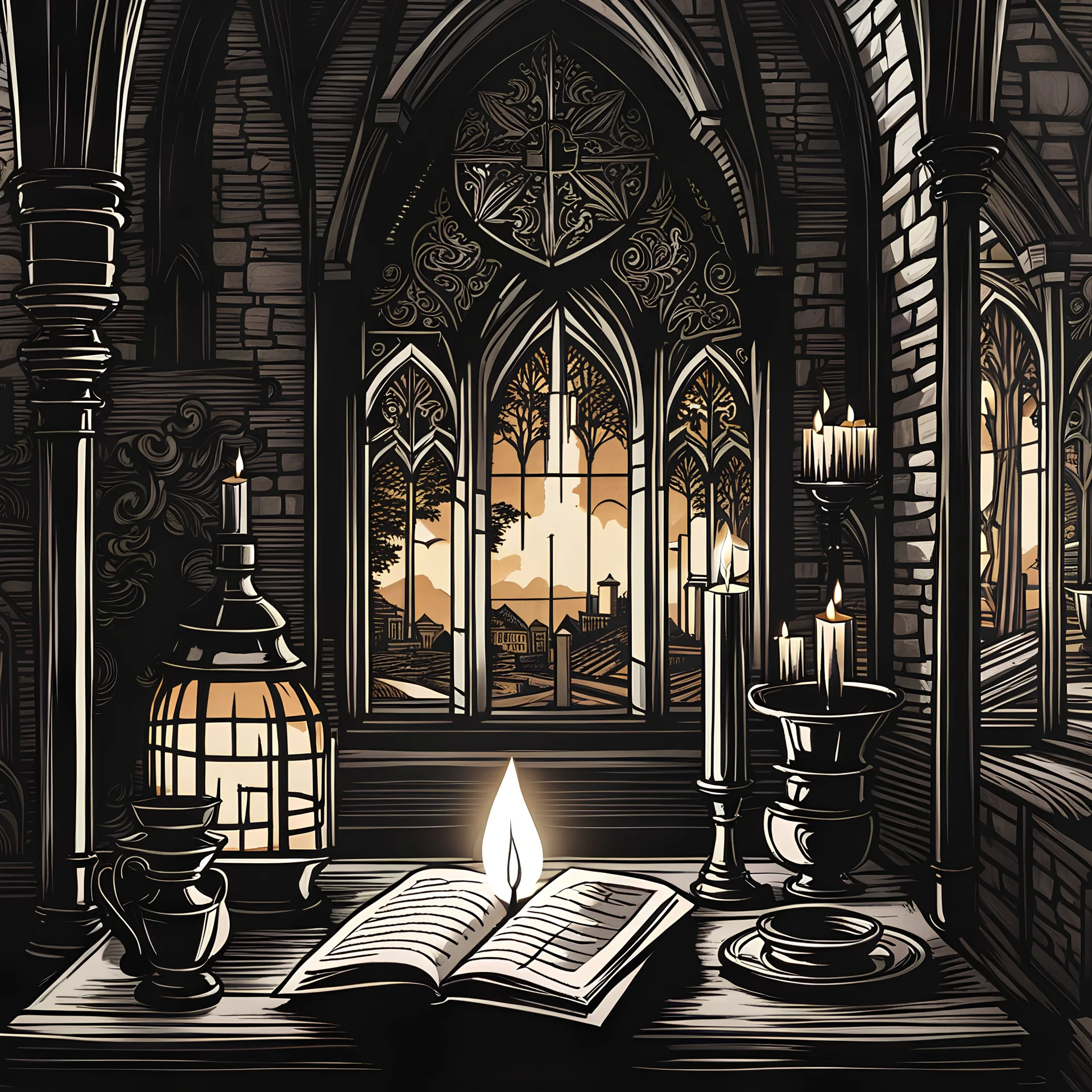 Video game on paper, candlelit, medieval setting