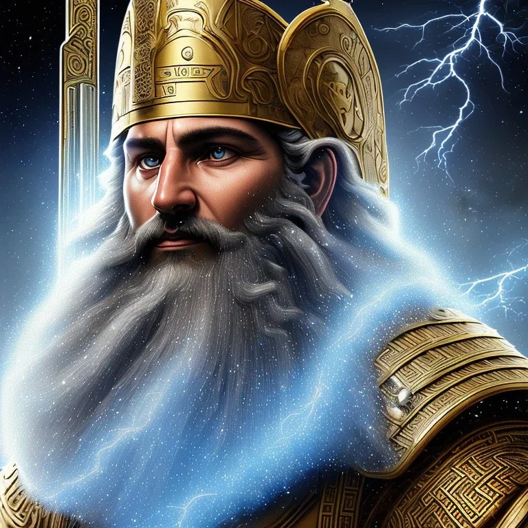 photo realistic, symetrical, centered, ultra detailed, digital art, in center is a portrait of highly detailed greek colossus god zeus surrounded by quantum galaxy codes seeking knowledge, gray hair and beard, detailed face with human skin color, eyes filled with galaxy, dominating colors = gray light blue and dark gold, lightning, smoke,