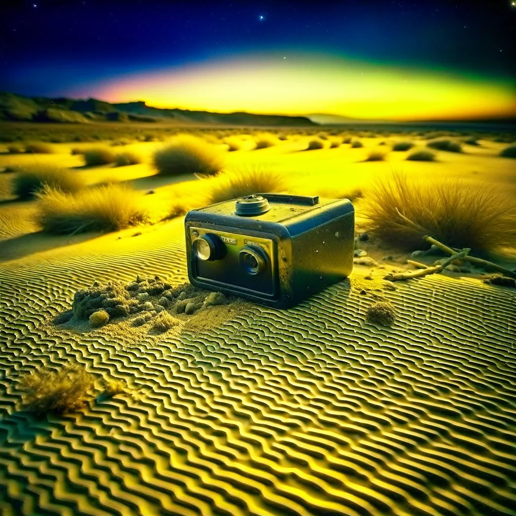 Photograph, tiltshift, polaroid, odd objects scattered over a wasteland, powder, night, pltic tarlin, hs23, nightmare, cfd4b, minimalist, details of the terrain very accentuated, 8k, deep 3d field, sharp, eerily mysterious, artistic photo, large format film, medium format film, details of the odd objects very accentuated