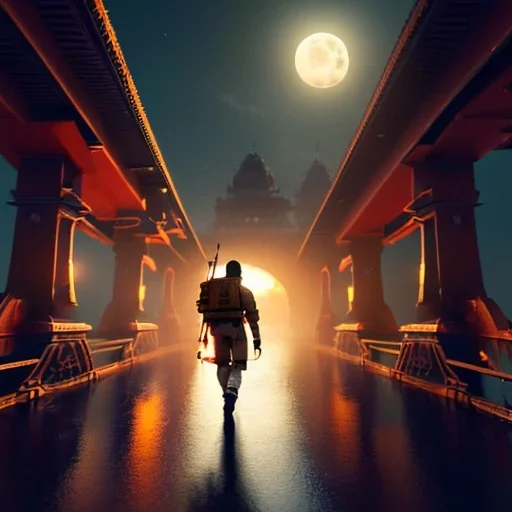 An hindu Soldier walking on the bridge with orange flag , night , full moon , realistic , high resolution , HD , 1920pX1080p , dark