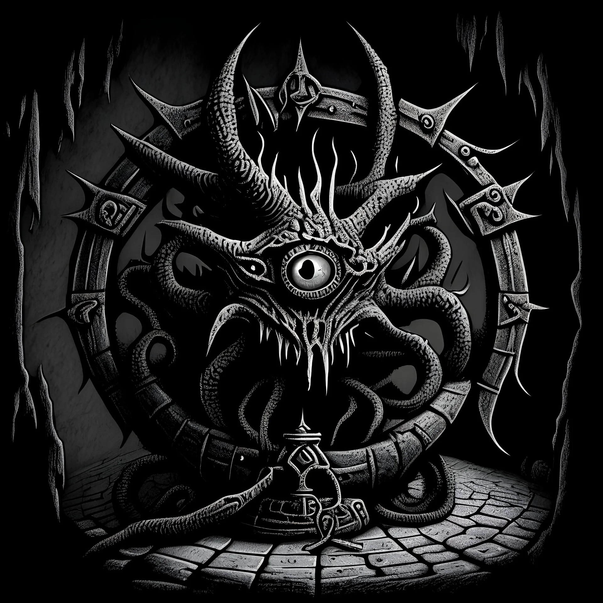 Create a monochromatic Black Metal album cover of a beholder from dungeons and dragons