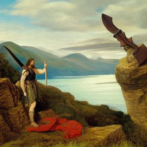 a landscape painting of a [barbarian warrior] holing a ((battle axe)) on a cliff overlooking the sea by Pre-Raphaelite Brotherhood