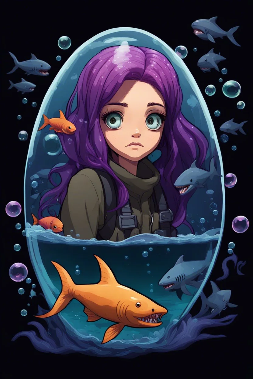 A purple-haired girl locked in a bubble under the sea, with sharks and demon fish, scared, dark sea-colored background, only a few flashes of colorful fish around the bubble